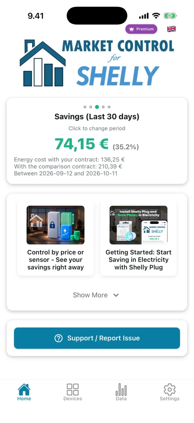The app's home screen showing savings over the last 30 days: 74.15 €