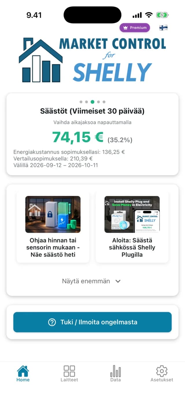 Sovelluksen etusivu, jossa säästöt viimeisen 30 päivän ajalta: 74,15 €