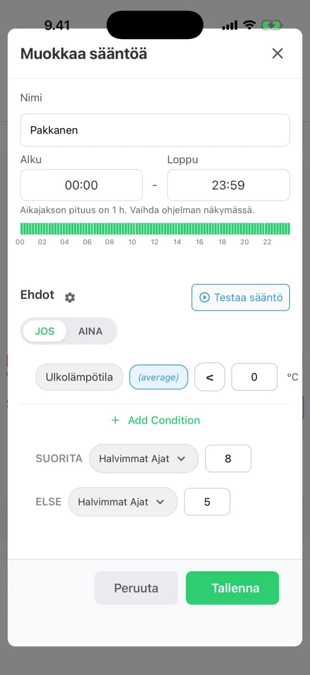 Säännön muokkaus: jos ulkolämpötila on alle 0 °C, lämmitä kahdeksan halvinta jaksoa, muuten viisi